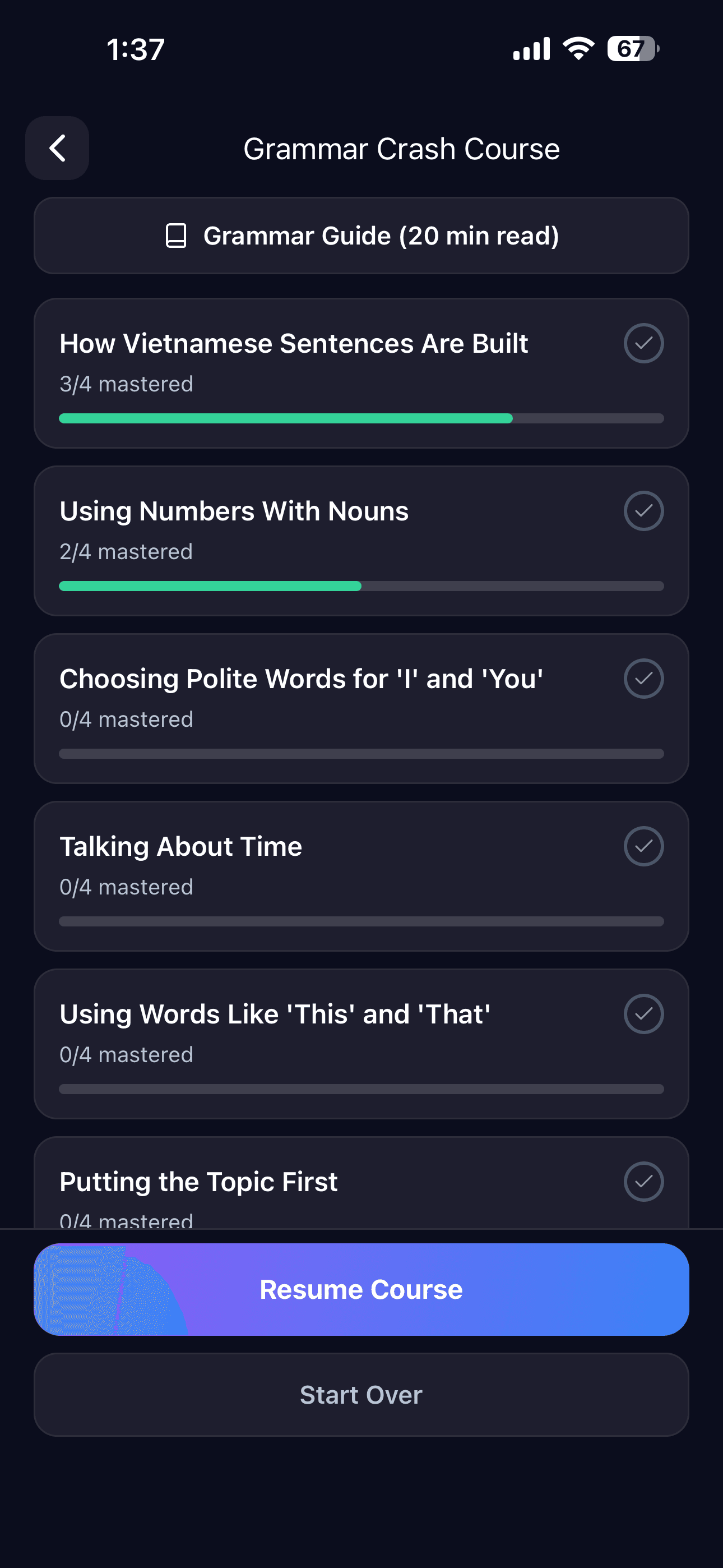 Grammar crash course with lesson progress in the Podglot app