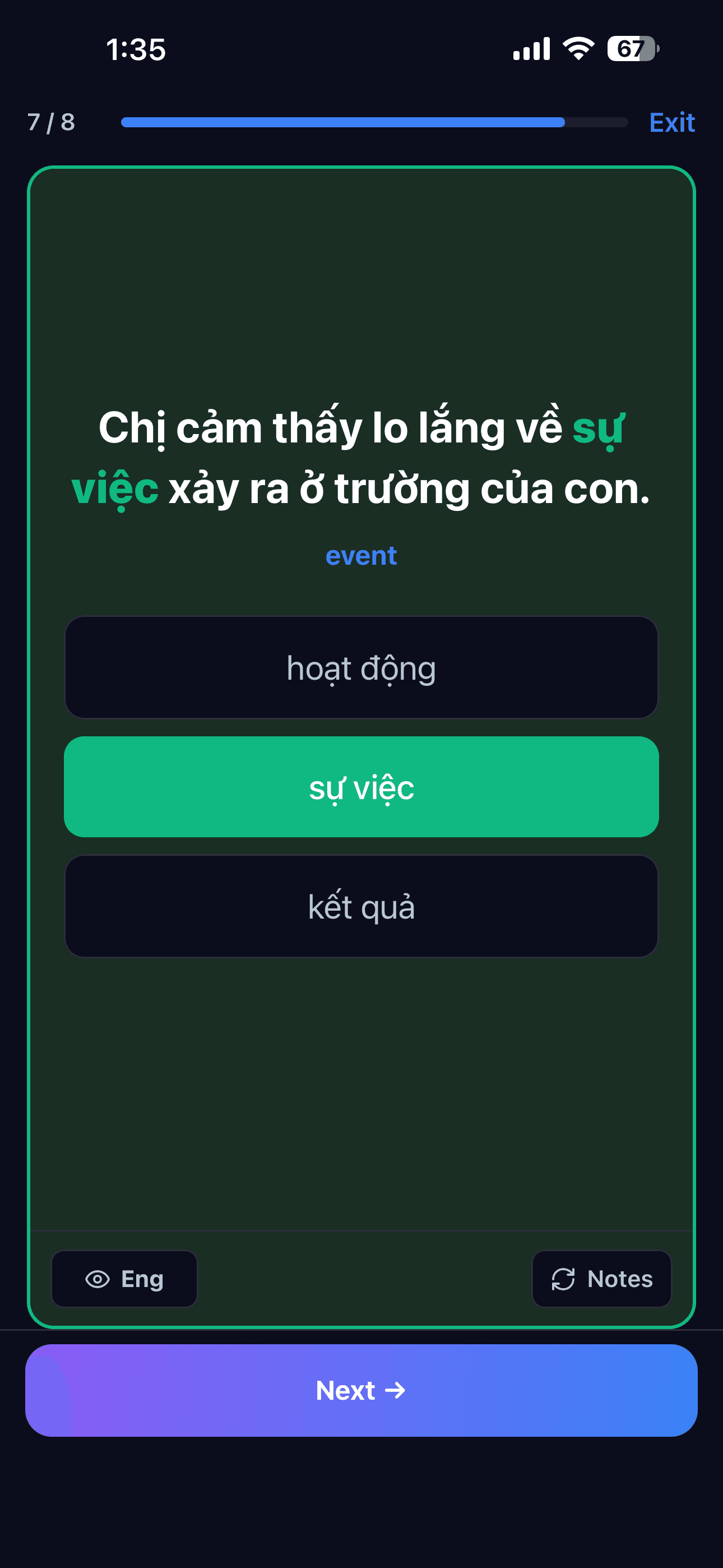 Multiple-choice quiz using a real-life Vietnamese sentence