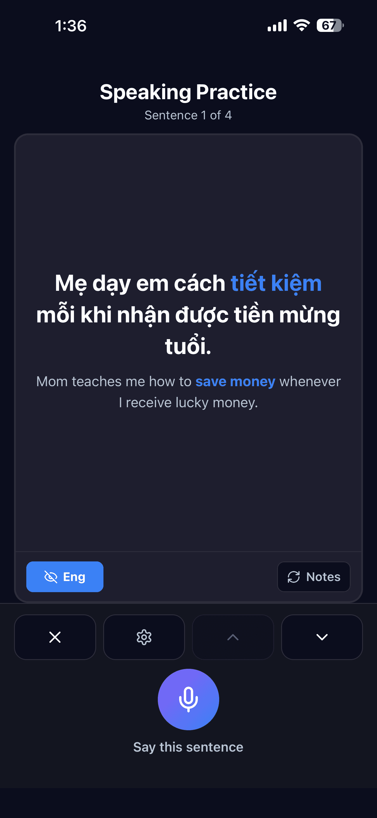 Speaking practice with a microphone prompt to say a Vietnamese sentence